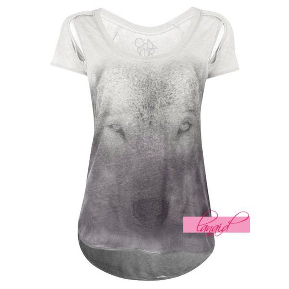 Chaser Wolf Eyes Tee Cut-Outs Cutouts Ombre Dip-Dye Scoop Neck Burnout Edgy Top - Picture 1 of 10